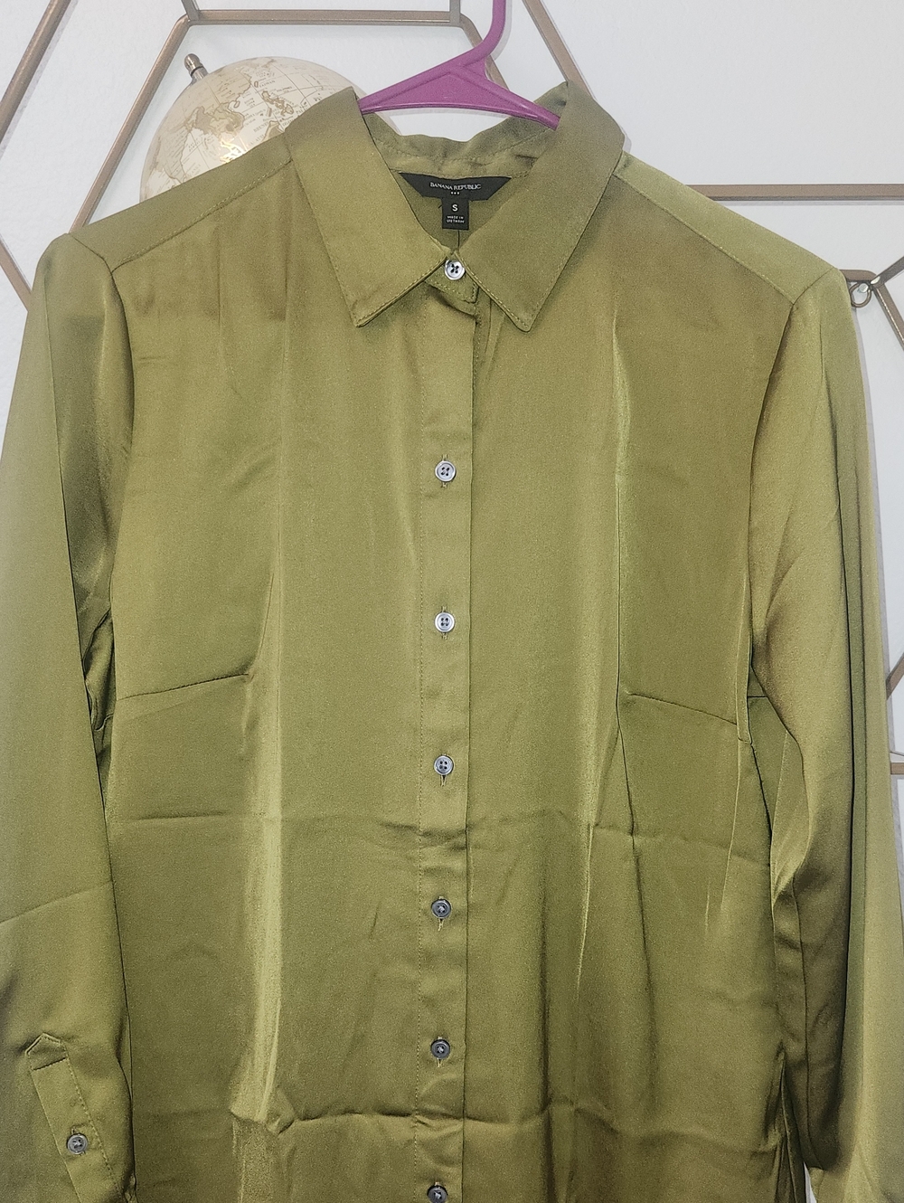 Banana Republic Olive Satin Button-Down Shirt